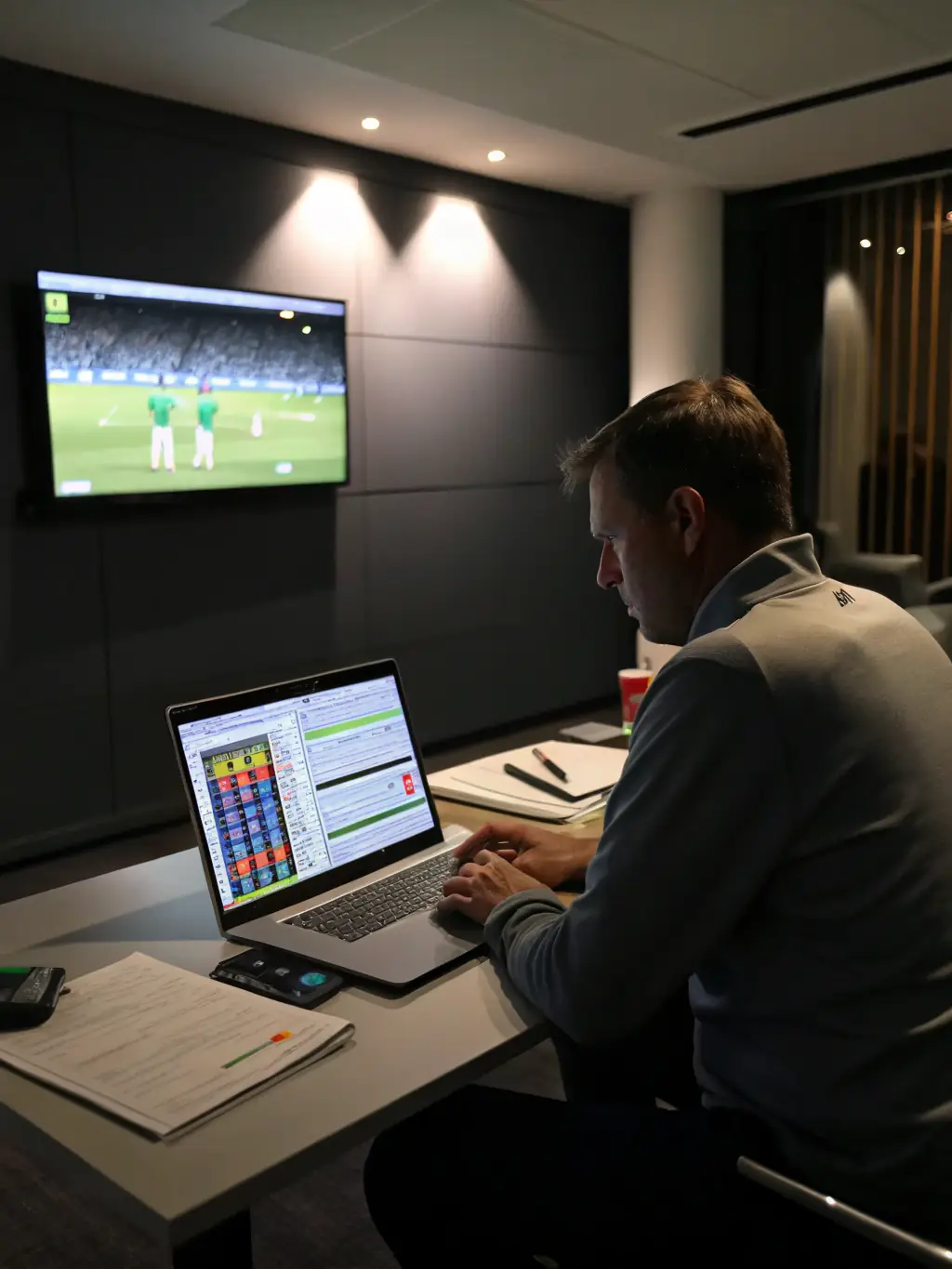 A coach using advanced analytics software to assess player performance during a training session.