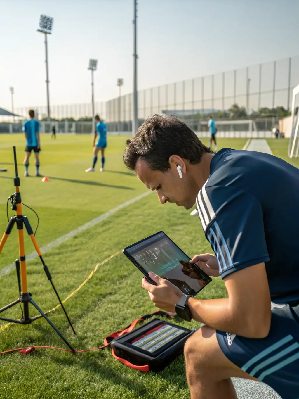 An athlete reviewing performance data on a tablet with a coach, focusing on key metrics and areas for improvement.