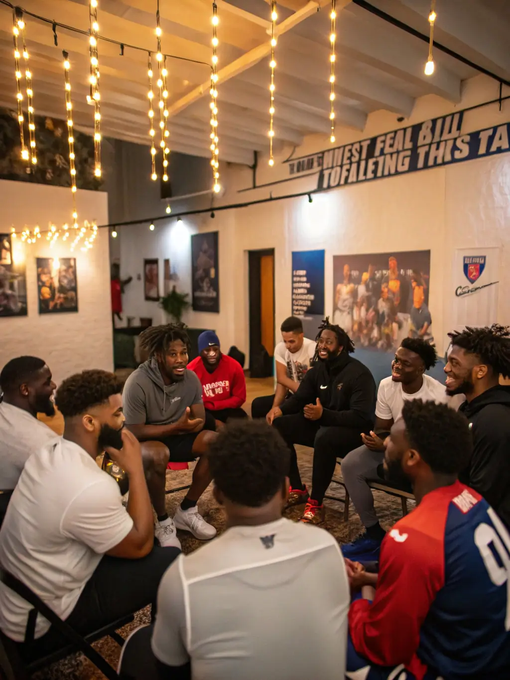 A team huddled around a screen analyzing game footage, discussing strategies and plays.